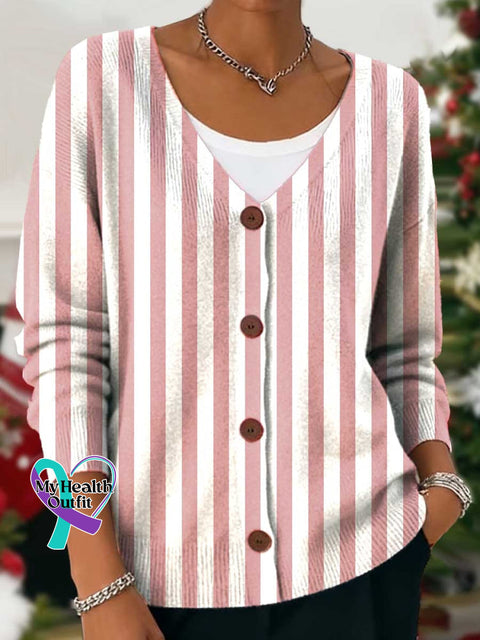 Breast Cancer Awareness Stripe Print Buttoned V-neck Cardigan Sweater Multicolor / S