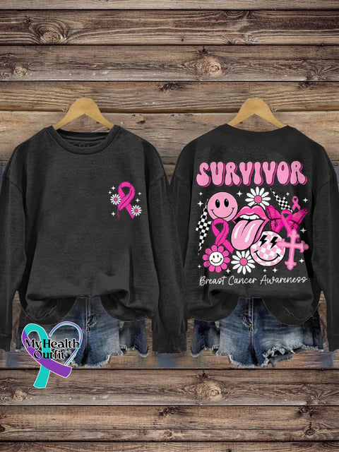 Women’s Breast Cancer Awareness Sublimation Design October Month Survivor Retro Smiley Face Print