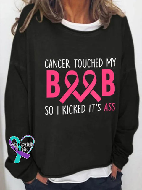 Women’s Breast Cancer Awareness Touched My Boob So I Kicked It Ass Casual Print Top Black / S