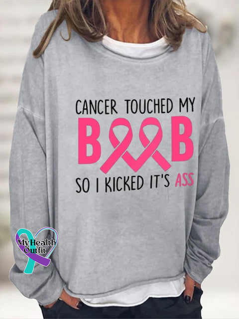 Women’s Breast Cancer Awareness Touched My Boob So I Kicked It Ass Casual Print Top Gray / S