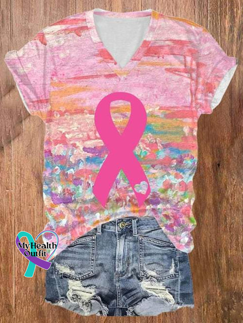 Women’s Breast Cancer Awareness V-Neck Casual T-Shirt As Shown / S