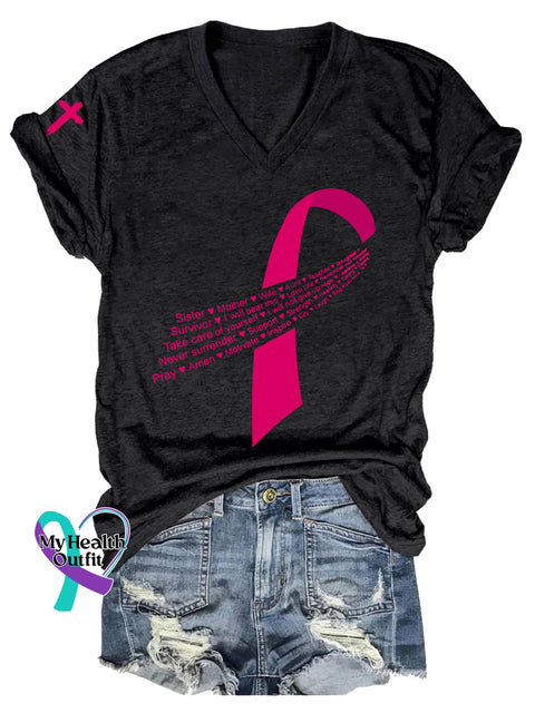 Women’s Breast Cancer Awareness V neck Casual T Shirt Black / S