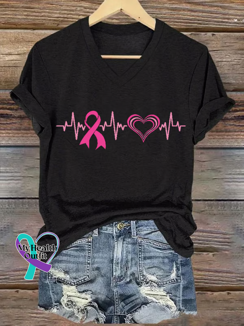 Women’s Breast Cancer Awareness V-neck Casual T-Shirt Black / S