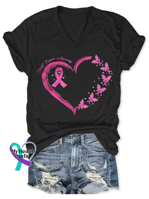 Women’s Breast Cancer Awareness V-Neck Casual T-Shirt Black / S