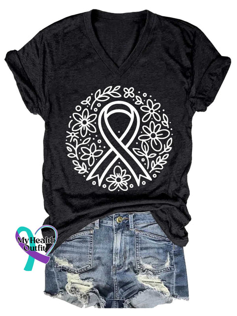 Women’s Breast Cancer Awareness V-neck Casual T-Shirt Black / S
