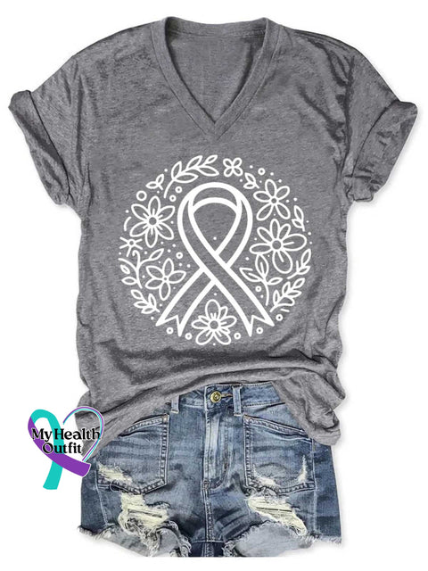 Women’s Breast Cancer Awareness V-neck Casual T-Shirt Grey / S