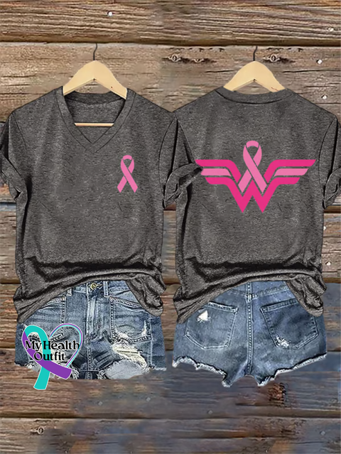 Women’s Breast Cancer Awareness V neck Casual T Shirt Grey / S
