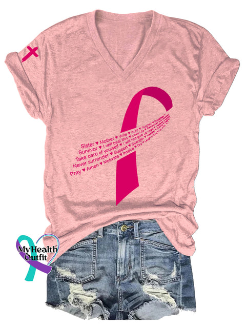 Women’s Breast Cancer Awareness V neck Casual T Shirt LightPink / S
