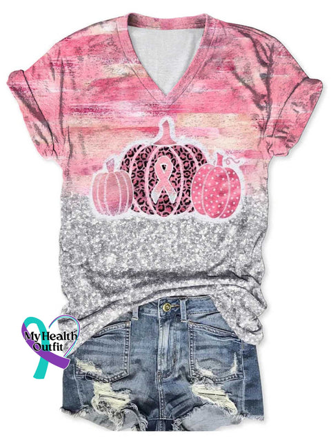 Women’s Breast Cancer Awareness V-neck Casual T-Shirt Multicolor / S