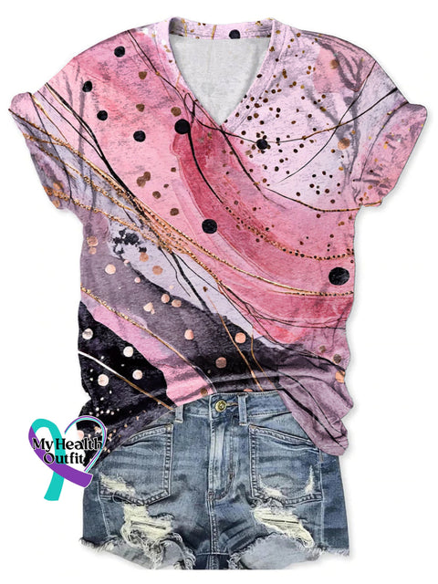 Women’s Breast Cancer Awareness V neck Casual T Shirt Multicolor / S