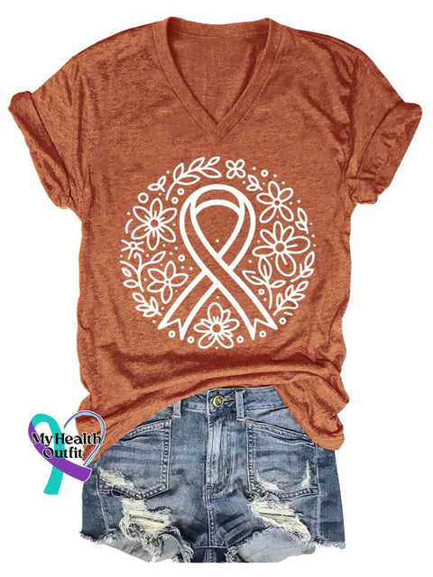 Women’s Breast Cancer Awareness V-neck Casual T-Shirt Orange / S