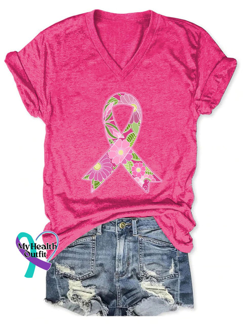 Women’s Breast Cancer Awareness V-Neck Casual T-Shirt Pink / S