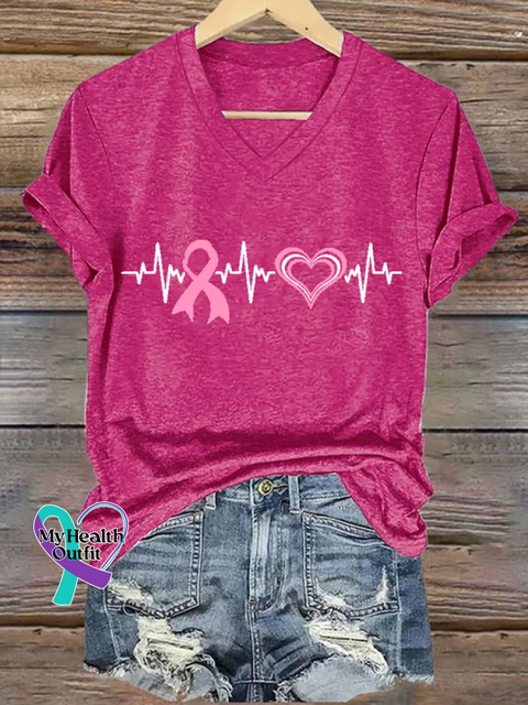 Women’s Breast Cancer Awareness V-neck Casual T-Shirt Pink / S