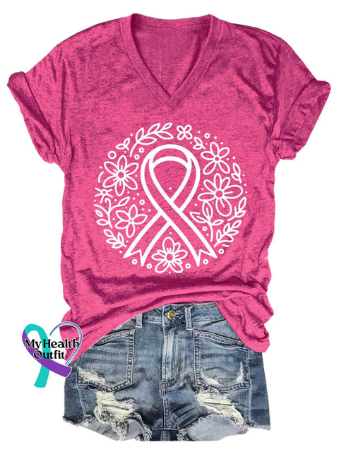 Women’s Breast Cancer Awareness V-neck Casual T-Shirt Pink / S