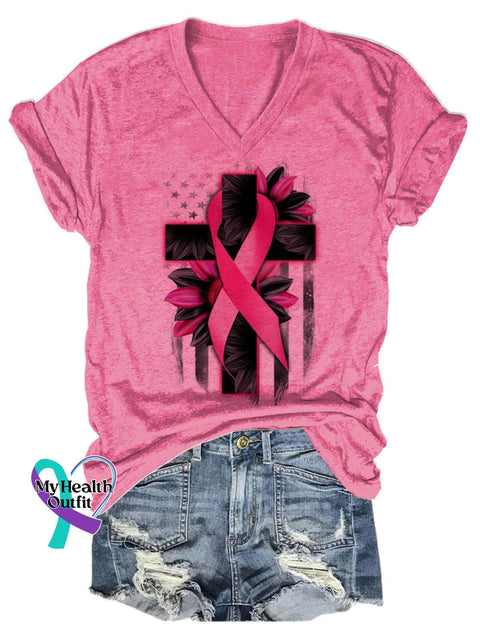 Women’s Breast Cancer Awareness V-Neck Casual T-Shirt Pink / S