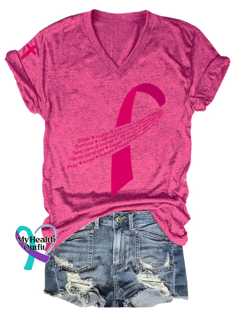 Women’s Breast Cancer Awareness V neck Casual T Shirt Red / S
