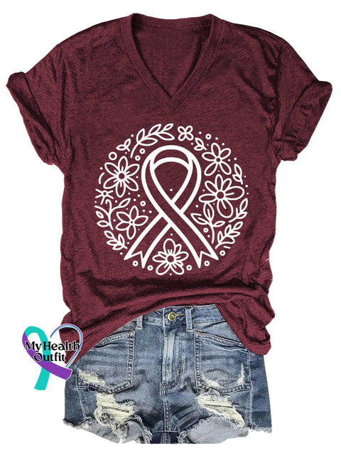 Women’s Breast Cancer Awareness V-neck Casual T-Shirt Red / S