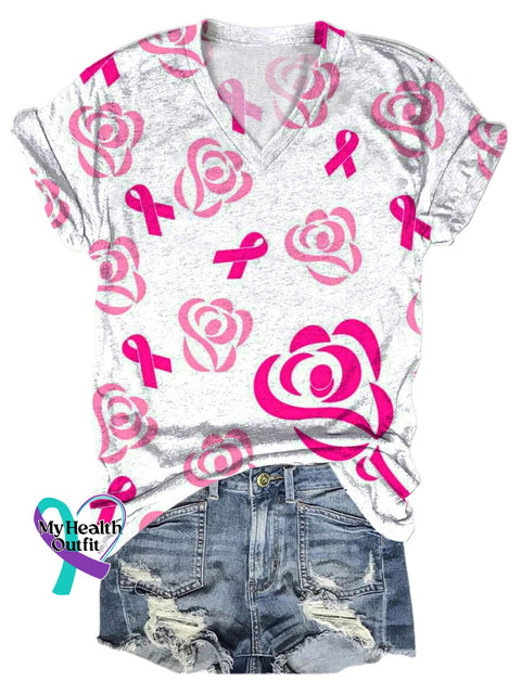 Women’s Breast Cancer Awareness V-Neck Casual T-Shirt White / S