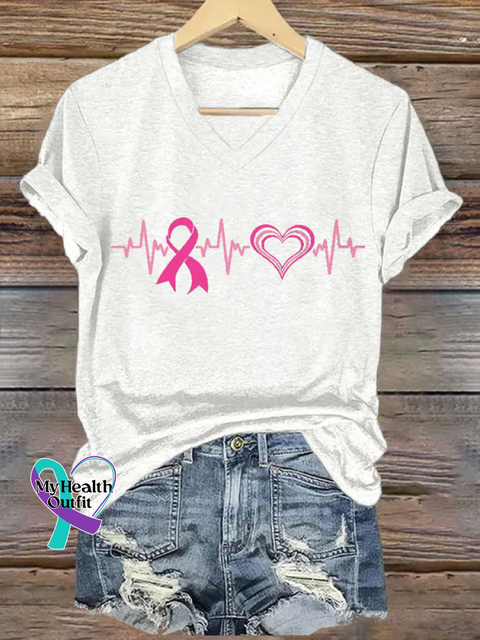 Women’s Breast Cancer Awareness V-neck Casual T-Shirt White / S