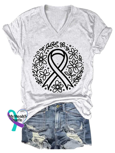 Women’s Breast Cancer Awareness V-neck Casual T-Shirt White / S