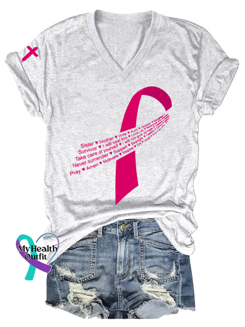 Women’s Breast Cancer Awareness V neck Casual T Shirt White / S