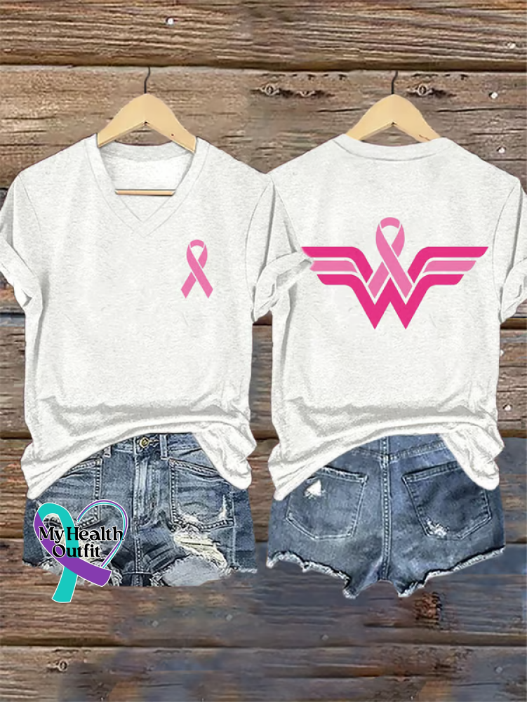 Women’s Breast Cancer Awareness V neck Casual T Shirt White / S