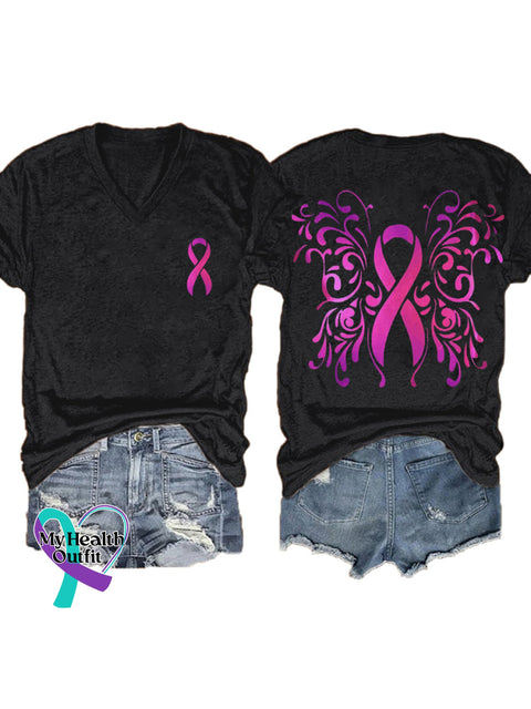 Women’s Breast Cancer Awareness Wings V-neck Casual T-Shirt Black / S