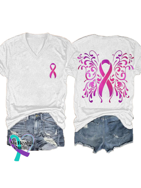 Women’s Breast Cancer Awareness Wings V-neck Casual T-Shirt White / S