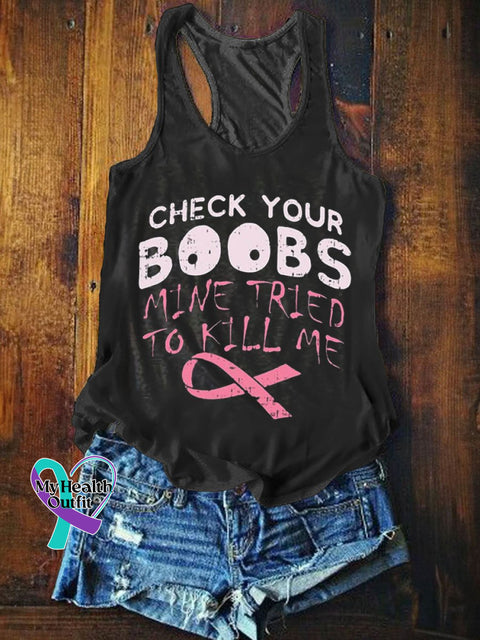 Women’s Breast Cancer Check Your Boobs Print Tank Top Black / S