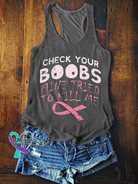 Women’s Breast Cancer Check Your Boobs Print Tank Top Grey / S