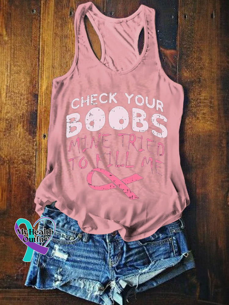 Women’s Breast Cancer Check Your Boobs Print Tank Top Pink / S