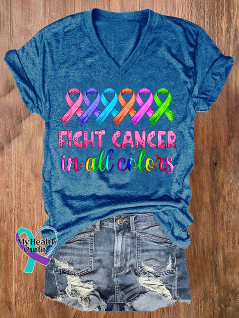 Women’s Breast Cancer Fight Cancer In All Colors Printed Casual T-Shirt Blue / S
