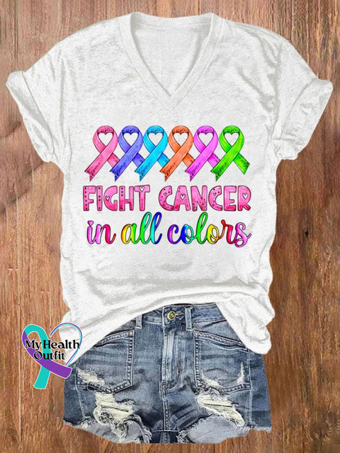 Women’s Breast Cancer Fight Cancer In All Colors Printed Casual T-Shirt White / S