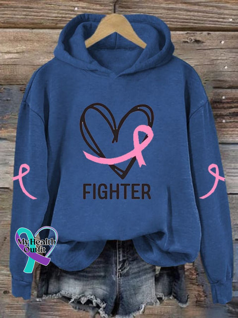 Women’s Breast Cancer Fighter Print Long Sleeve Hoodie Blue / S