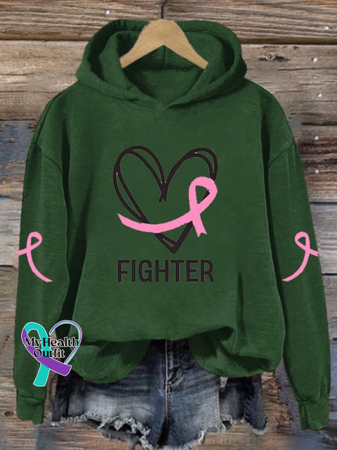 Women’s Breast Cancer Fighter Print Long Sleeve Hoodie Green / S