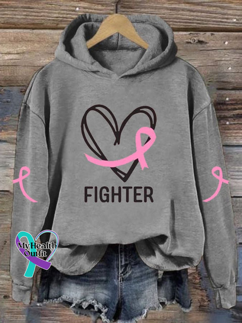 Women’s Breast Cancer Fighter Print Long Sleeve Hoodie Grey / S