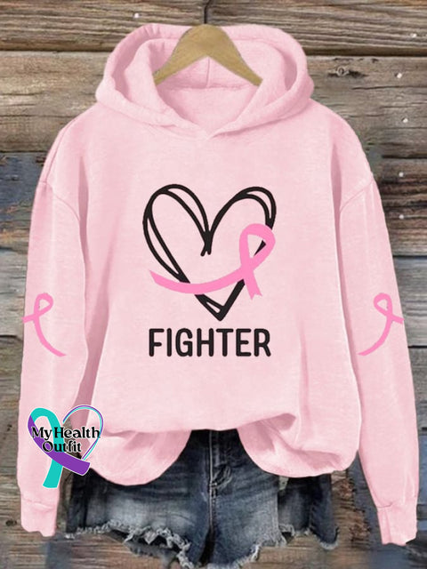 Women’s Breast Cancer Fighter Print Long Sleeve Hoodie Pink / S