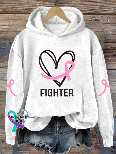 Women’s Breast Cancer Fighter Print Long Sleeve Hoodie White / S