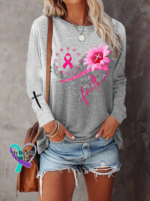 Women’s Breast Cancer Gradient Print Long Sleeve T-Shirt Grey / S