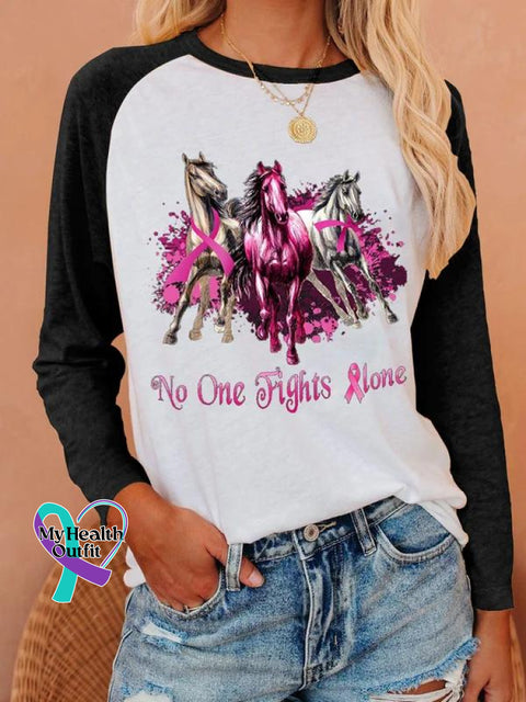 Women’s Breast Cancer Horses No One Fights Alone Print Art Casual Top Black / S