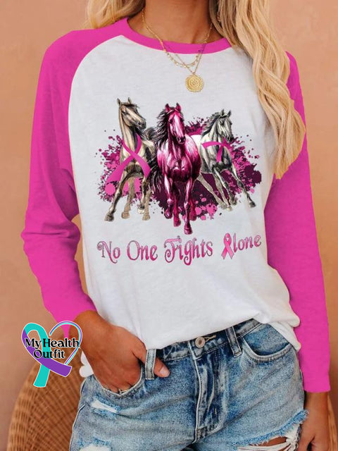 Women’s Breast Cancer Horses No One Fights Alone Print Art Casual Top Pink / S