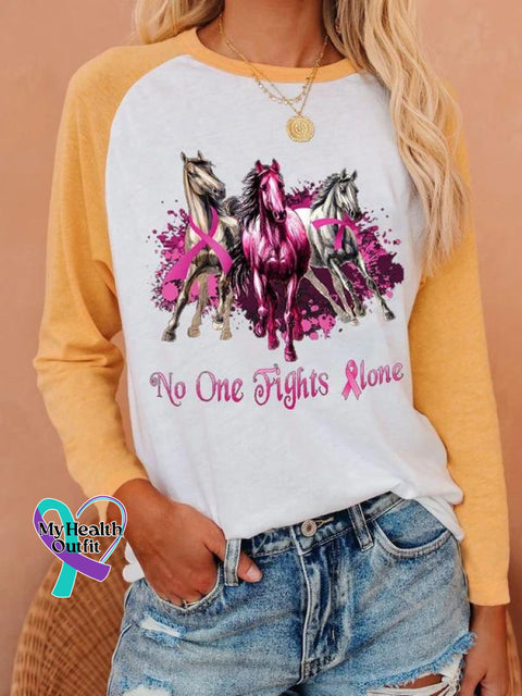 Women’s Breast Cancer Horses No One Fights Alone Print Art Casual Top Yellow / S