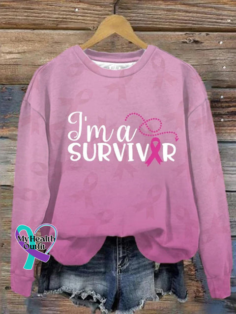 Women’s Breast Cancer I’m A Survivor Ribbon Print Casual Sweatshirt Deep Pink / S