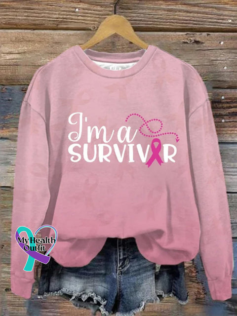 Women’s Breast Cancer I’m A Survivor Ribbon Print Casual Sweatshirt Light Pink / S