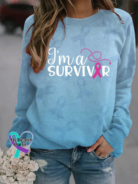 Women’s Breast Cancer I’m A Survivor Ribbon Print Long Sleeve Sweatshirt Blue / S