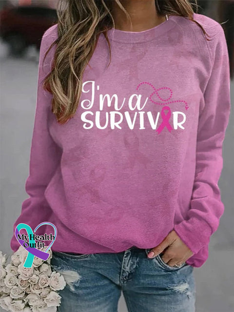 Women’s Breast Cancer I’m A Survivor Ribbon Print Long Sleeve Sweatshirt Deep Pink / S