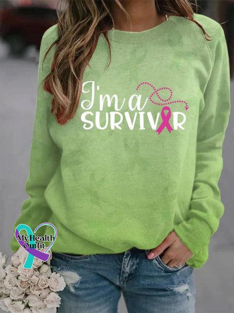 Women’s Breast Cancer I’m A Survivor Ribbon Print Long Sleeve Sweatshirt Green / S
