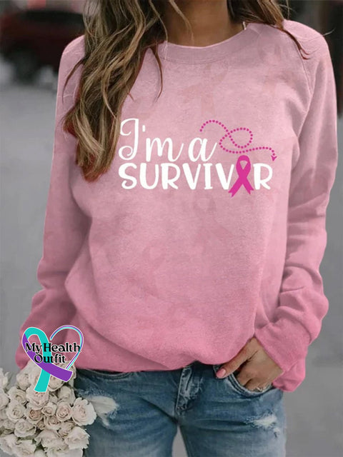 Women’s Breast Cancer I’m A Survivor Ribbon Print Long Sleeve Sweatshirt Light Pink / S