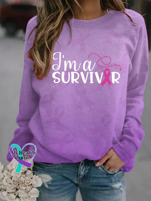 Women’s Breast Cancer I’m A Survivor Ribbon Print Long Sleeve Sweatshirt Purple / S