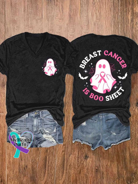 Women’s Breast Cancer Is Boo Sheet Ghost Ribbon Awareness V-Neck Casual T-Shirt Black / S